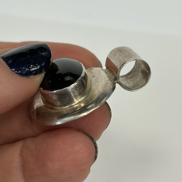 Vintage Mexico 925 Sterling Silver Black Onyx Pendant Heavy Oval - Picture 4 of 9